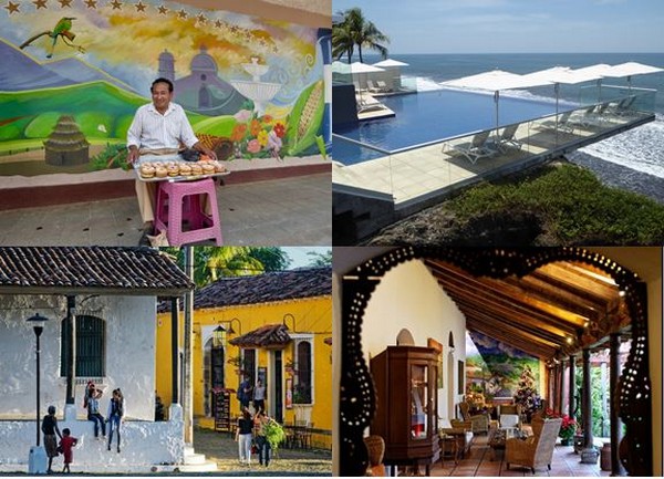 En haut de gauche à droite : Marché matinal à Nahuizalco  et .l'hôtel Acantilados sur la côte Pacifique  @C.G.. en bas de gauche à droite :   Village de Suchitoto et l' Hôtel Los Almendros à Suchitoto @ DR