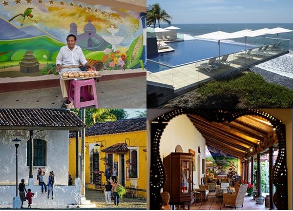 En haut de gauche à droite : Marché matinal à Nahuizalco et .l'hôtel Acantilados sur la côte Pacifique @C.G.. en bas de gauche à droite : Village de Suchitoto et l' Hôtel Los Almendros à Suchitoto @ DR En haut de gauche à droite : Marché matinal à Nahuizalco et .l'hôtel Acantilados sur la côte Pacifique @C.G.. en bas de gauche à droite : Village de Suchitoto et l' Hôtel Los Almendros à Suchitoto @ DR