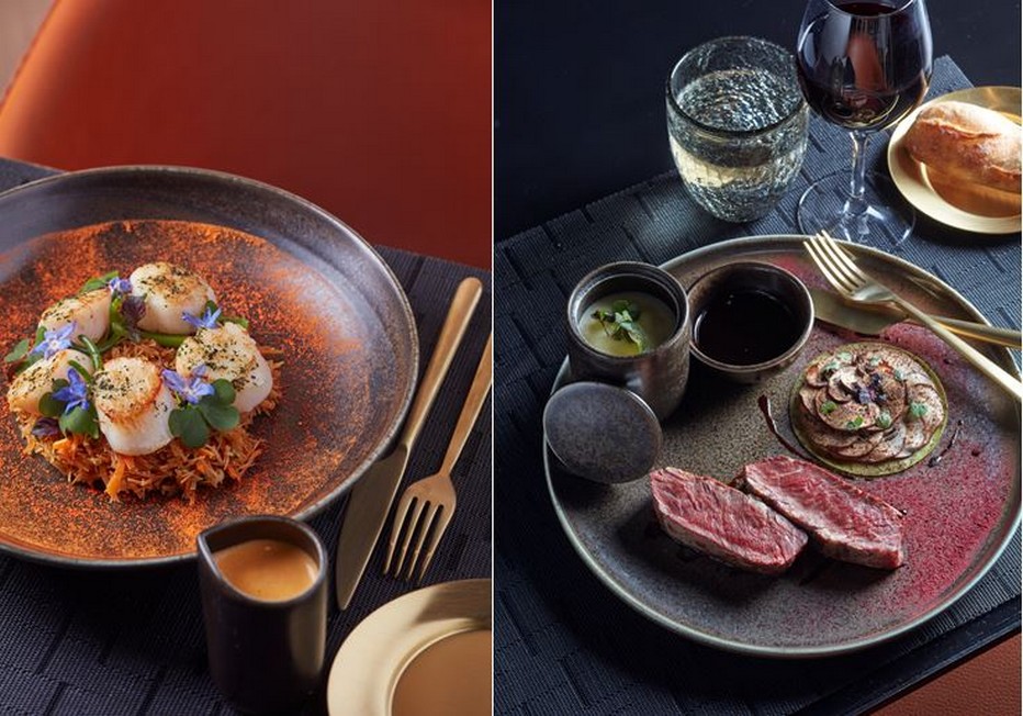 De gauche à droite : Ceviche de Saint Jacques au gel de wakame légèrement fumé…et Filet de black Angus, bao de cèpes, foie gras et truffes d'automne, le tout nappé d'une sauce Périgueux. @ Cinq Codet De gauche à droite : Ceviche de Saint Jacques au gel de wakame légèrement fumé…et Filet de black Angus, bao de cèpes, foie gras et truffes d'automne, le tout nappé d'une sauce Périgueux. @ Cinq Codet