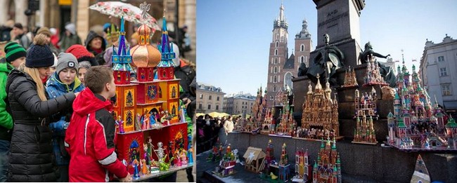 Les crèches de Cracovie reflètent toujours l'architecture de la ville. Elles se distinguent par par des petites tours, des balustrades, des corniches, des colonnes, des encorbellements, des imitations de vitraux. Elles sont construites sur des squelettes de planchettes, contre-plaqué, de carton et de paier maché et sont recouvertes de papier irisé. - © Urzad Miasta Krakowa - D.R.