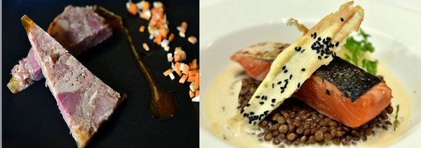 Une connotation locale avec le pressé de jambon et le pavé de saumon aux lentillons. ©Alexandre Marchi Une connotation locale avec le pressé de jambon et le pavé de saumon aux lentillons. ©Alexandre Marchi