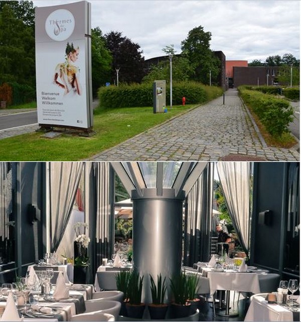 L'entrée des termes et vue sur la salle de restaurant hôtel de la Reine. @ DR et David Raynal.