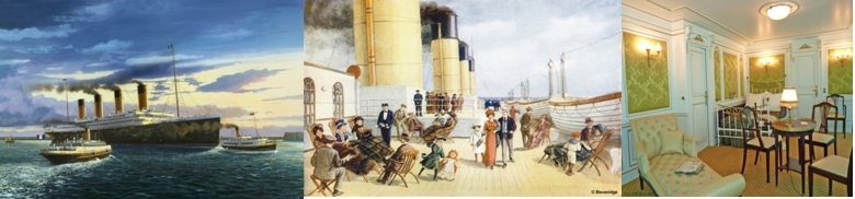 Départ (dessin J.Mignot), sur le pont 1ère Classe (copyright Beveridge), Cabine 1ère Classe Départ (dessin J.Mignot), sur le pont 1ère Classe (copyright Beveridge), Cabine 1ère Classe
