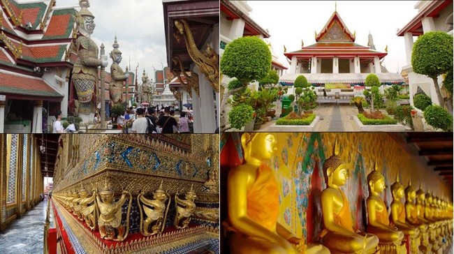 En haut et bas de gauche à droite : le Temple du Bouddha d’Emeraude et le  Wat Pho.@ FS et DR