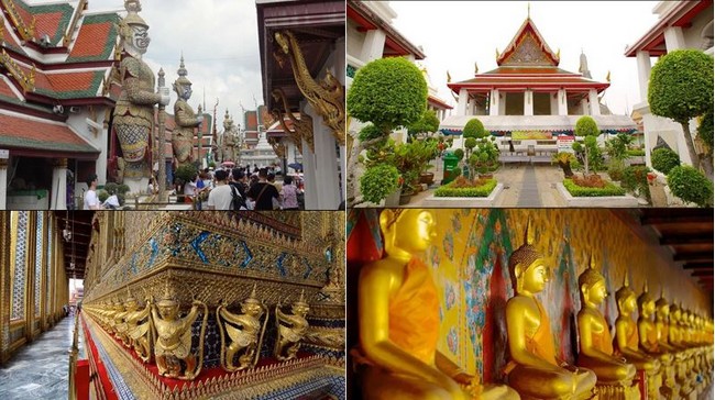 En haut et bas de gauche à droite : le Temple du Bouddha d’Emeraude et le Wat Pho.@ FS et DR En haut et bas de gauche à droite : le Temple du Bouddha d’Emeraude et le Wat Pho.@ FS et DR