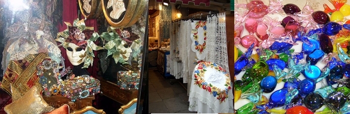 Venise, les masques de Carnaval, Dentelles de Burano, Cristal de Murano