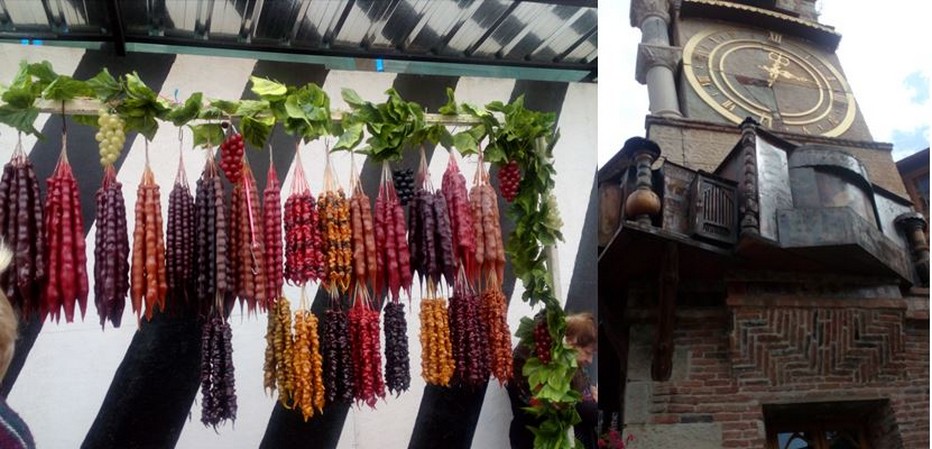 De gauche à droite : la tchourtchkhela, sucrerie au miel, noix et raisins à la curieuse forme de bougie et la Tour de l’Horloge et l’étonnant Théâtre de marionnettes imaginés voici plus de 40 ans par Rezo Gabriadze. @ DR De gauche à droite : la tchourtchkhela, sucrerie au miel, noix et raisins à la curieuse forme de bougie et la Tour de l’Horloge et l’étonnant Théâtre de marionnettes imaginés voici plus de 40 ans par Rezo Gabriadze. @ DR