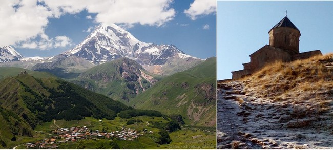 Kazbegi, au pied du mont Kazbek. Très haut au-dessus du village, la petite église de la Saint Trinité de Guergueti (XIVe siècle) apparaît au sommet de sa montagne (2170 m). @OT Georgie Kazbegi, au pied du mont Kazbek. Très haut au-dessus du village, la petite église de la Saint Trinité de Guergueti (XIVe siècle) apparaît au sommet de sa montagne (2170 m). @OT Georgie