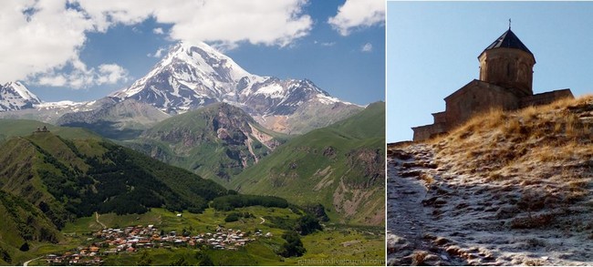 Kazbegi, au pied du mont Kazbek. Très haut au-dessus du village, la petite église de la Saint Trinité de Guergueti (XIVe siècle) apparaît au sommet de sa montagne (2170 m). @OT Georgie