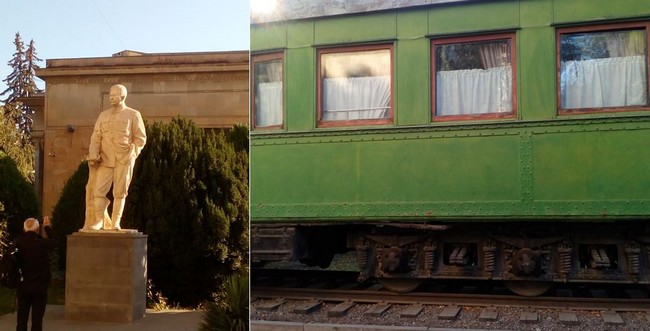Statue de Staline devant le musée qui lui est dédié à Gori sa ville natale et le célèbre wagon où il recevait ses invités. @ FS Statue de Staline devant le musée qui lui est dédié à Gori sa ville natale et le célèbre wagon où il recevait ses invités. @ FS