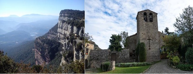 De gauche à droite :  De chaque côté, la rivière a creusé son lit sinueux entre les hautes falaises et la suite des canyons.@ OT Osona  et l'église romane de Tavertet. OT Osona