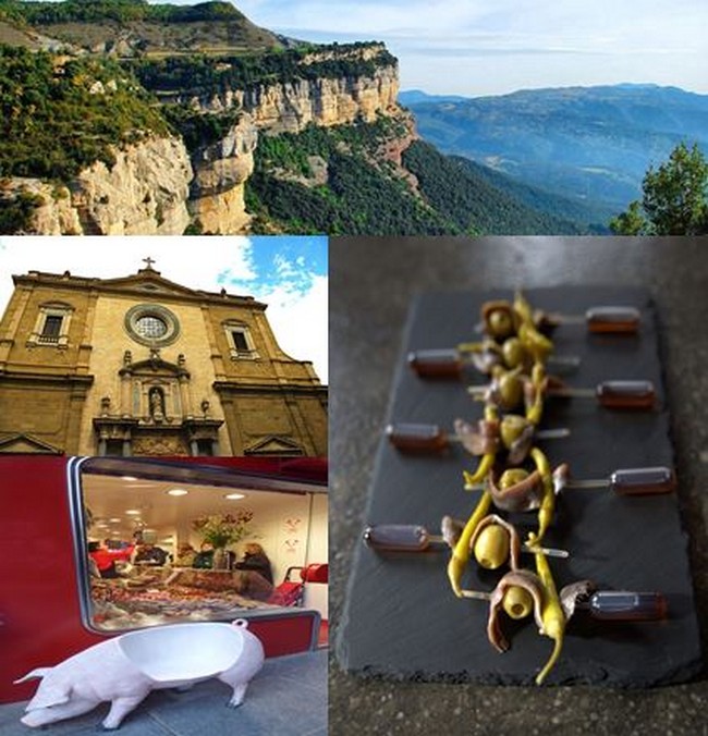 La ville de Vic dans tous ses états : les falaises de Tarvertet;  La cathédrale de Vic; Vic Casa Riera Ordeix. Fabrication traditionnelle du saucisson de Vic.@ C. Gary; Restaurant Mare de la Font.Petite entrée de l'excellent restaurant @ C.Gary