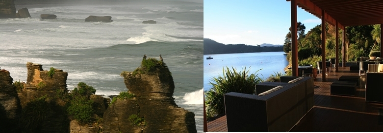 1- Punakaiki défie la Mer de Tasman sur la Côte Ouest près de Greymouth. 2 - Hébergement de charme à Bay of Many Coves dans les Marlborough Sounds.