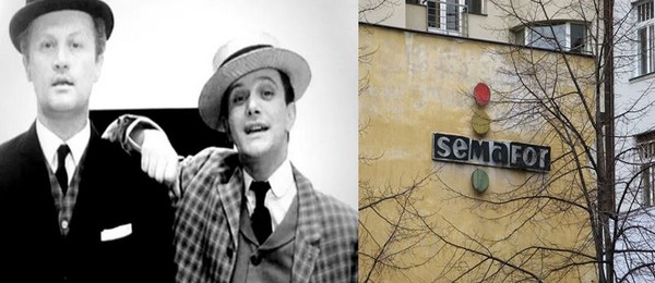 De gauche à droite : Jiří Šlitr et  son comparse et alter ego à la scène Jiří Suchý. @ DR. De nos jours, le théâtre Semafor à Prague existe toujours et un spectacle  rétrospectif a été donné pour le 60e anniversaire de sa création en 2019 @ D.R.