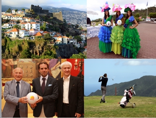 De gauche à droite en partant du haut, la ville de Funchal, trois Reines de la fête des fleurs,Jean-Pierre Tuveri, maire de Saint-Tropez, Philippe Soleillant organisateur des Drives de Saint-Tropez et Miguel Filipe Machado de Albuquerque, maire de Funchal, un swing au golf de Santo da Serra /Crédit photo David Raynal