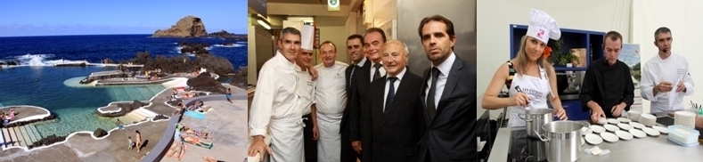 Piscines naturelles à Porto Moniz, Jean-Pierre Tuveri, maire de Saint-Tropez, Richard Galy, maire de Mougins et Miguel Filipe Machado de Albuquerque, maire de Funchal dans les cuisines en compagnie notamment des chefs Benoît Sinthon et Serge Gouloumès, démonstration culinaire sur le parvis de la mairie de Funchal/David Raynal