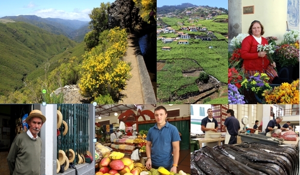 Promenade sur le sentier des levadas, vignoble de Madère sur la côte sud, marchande de fleurs au marché de Funchal, conducteur de panier en osier avec canotier, vendeurs de fuits et de poissons/David Raynal Promenade sur le sentier des levadas, vignoble de Madère sur la côte sud, marchande de fleurs au marché de Funchal, conducteur de panier en osier avec canotier, vendeurs de fuits et de poissons/David Raynal