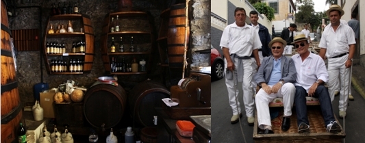 Bar à vins de Madère, Jean-Pierre Tuveri, maire de Saint-Tropez, Richard Galy, maire de Mougins ensemble à la descente dans le même panier d'osier/David Raynal Bar à vins de Madère, Jean-Pierre Tuveri, maire de Saint-Tropez, Richard Galy, maire de Mougins ensemble à la descente dans le même panier d'osier/David Raynal
