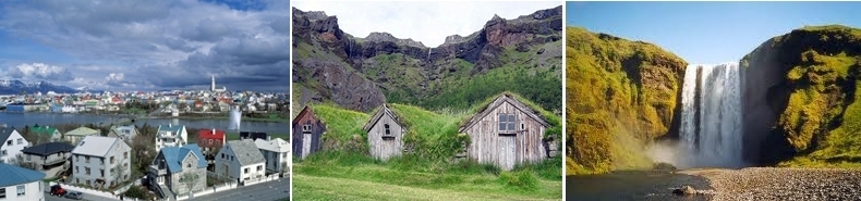 Reykjavik la capitale, village dominé par les falaises de Lomagnupur, magnifique cascade.