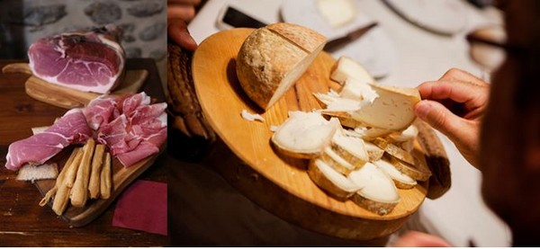 de gauche à droite : VALLE D'AOSTA-Jambon de Bosses DOP (foto Enrico Romanzi)- et dégustation de fromagei (foto Mattia Paladini)