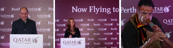 le Président de Qatar Airways M.Akbar Al Baker de Qatar Airways lors de la conférence de presse à Perth/ 2 Présentatrice officielle de Qatar Airways/ Cérémonie d'accueil des aborigènes : joueur de didgeriddo, instrument à vent traditionnel (Photos Richard Bayon) le Président de Qatar Airways M.Akbar Al Baker de Qatar Airways lors de la conférence de presse à Perth/ 2 Présentatrice officielle de Qatar Airways/ Cérémonie d'accueil des aborigènes : joueur de didgeriddo, instrument à vent traditionnel (Photos Richard Bayon)