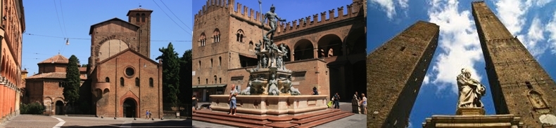 Complexe d'églises Santo Stefano, Fontaine de Neptune sur la Piazza Nettuno,La tour Garisenda 48,16m et la tour Asinelli 97,20 m. Complexe d'églises Santo Stefano, Fontaine de Neptune sur la Piazza Nettuno,La tour Garisenda 48,16m et la tour Asinelli 97,20 m.