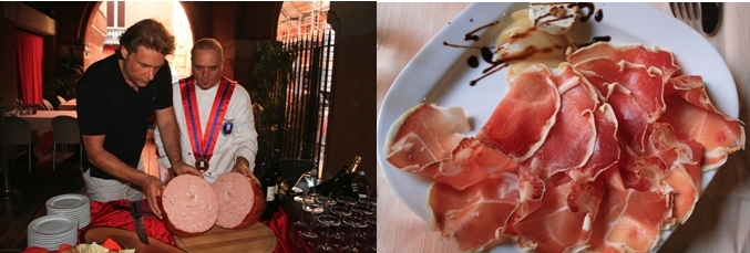 Dégustation de mortadelle avec le Chef Miriano Baldacci, assiette du fameux jambon de Parme. Dégustation de mortadelle avec le Chef Miriano Baldacci, assiette du fameux jambon de Parme.