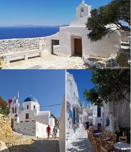 En haut : Ios Palaiokastro @M Chatz; En bas de gauche à droite : Donousa Stavros @S Pavlidis; Kimolos Chorio @ K Kouzouni En haut : Ios Palaiokastro @M Chatz; En bas de gauche à droite : Donousa Stavros @S Pavlidis; Kimolos Chorio @ K Kouzouni