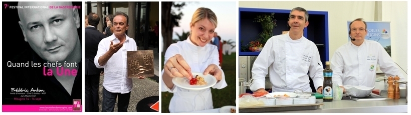 Richard Galy, le maire de Mougins, les chefs Claire Verneil, Benoît Sinthon, Serge Gouloumès.