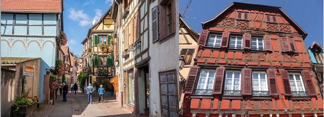 Une rue de Ribeauvillé  où les pans de bois affichent une prospérité qu'on lit dans le symbolisme desdits pans de bois.  @C.Gary et @ OT Ribeauvillé