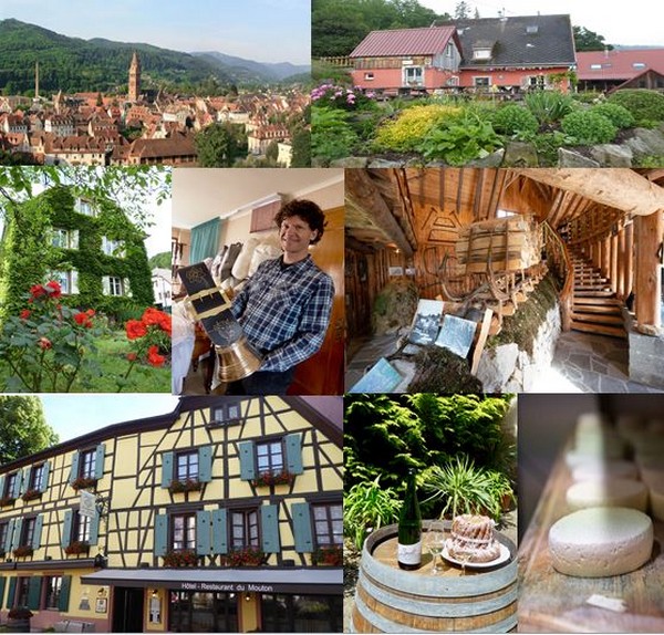 En haut de gauche à droite : Vue sur la ville Munster (Alsace) -@ DR - Ferme auberge Christlesgut @ C.Gary, de gauche à droite : Maison d'Albert Schweitzer @ C.Gary, Jean Claude Mann Sellier-Bourelier @ C.Gary, Musée de la Schlitte @ Office de Tourisme de la Vallée de Munster – Quentin Gachon . De gauche à droite :  L'Hôtel du Mouton à Riquewhir @ C.Gary, et Dégustation durant la Parenthèse authentique @ C.Gary