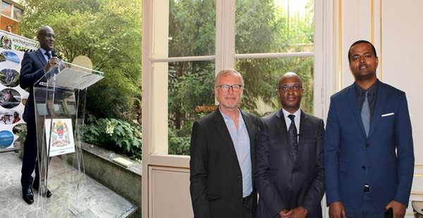 A gauche première photo, l’ambassadeur de Tanzanie en France Samwel W. Shelukindo lors de sa conférence de presse à Paris. Deuxième photo de gauche à droite, Denis Lebouteux, directeur de Tanganyika Expéditions, Samwel W. Shelukindo, ambassadeur de Tanzanie en France, Christophe Dieme corporate Sales Representative - Ethiopian Airlines @ DR