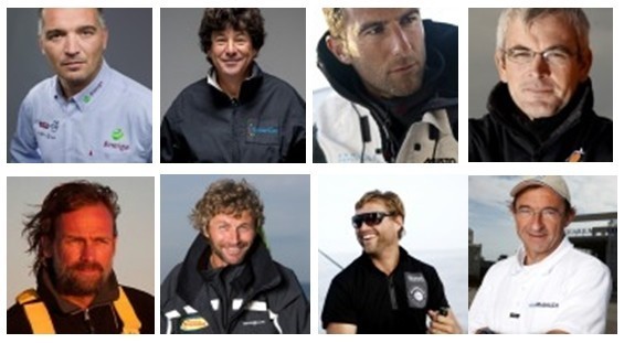 De gauche à droite les navigateurs : Zbigniew Gutkowski, Jean Le Cam, Armel Le Cleac'h, Vincent Riou, Javier Sanso, Bernard Stamm, Alex Thomson, Dominique Wavre. Crédit photo VendéeGlobe