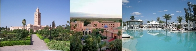 Les jardins et  la Mosquée Koutoubia (C. Daniel Csörföty), Palace Es Saadi,  Nikki Beach (Marrakech).