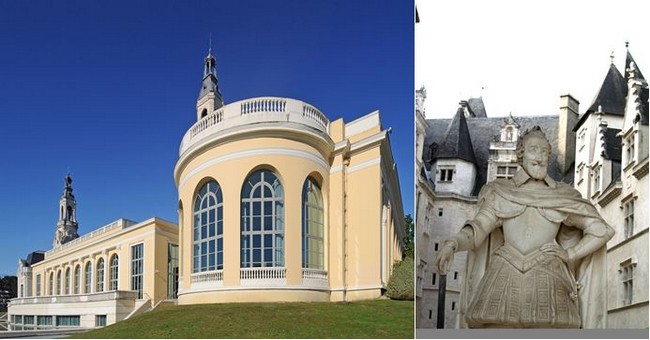 De gauche à droite : L'ancien Palais d'hiver est devenu  le Centre des Congrès ©pau pyrénées tourisme.©d.guilhamassé  et Château de Pau statue Henri IV dans la cour ©CDT