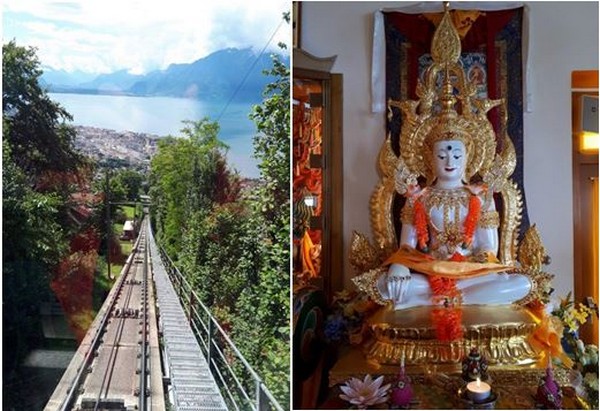 De gauche à droite : Riviera vaudoise. Funiculaire du Mont Pélerin ©Degon et Rviera vaudoise Mont Pélerin, centre d'études tibétaines, statue de Bouddha. ©Degon De gauche à droite : Riviera vaudoise. Funiculaire du Mont Pélerin ©Degon et Rviera vaudoise Mont Pélerin, centre d'études tibétaines, statue de Bouddha. ©Degon