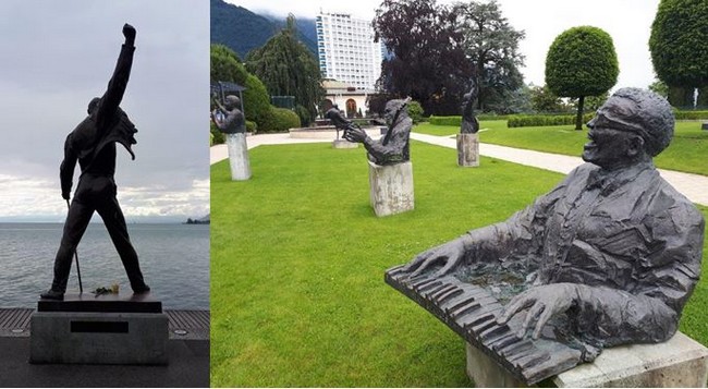 Riviera vaudoise, Montreux, statue de Freddie Mercury regardant le lac. ©Degon et Montreux le parc des statues des musiciens qui se produisirent au Festival de jazz. ©Degon. Riviera vaudoise, Montreux, statue de Freddie Mercury regardant le lac. ©Degon et Montreux le parc des statues des musiciens qui se produisirent au Festival de jazz. ©Degon.