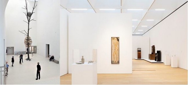 De gauche à droite : Entrée du MCBA Lausanne. Oeuvre de Giuseppe Penone, Luce et ombra, bronze or et granit. @ DR et Lausanne, salle d'exposition dans le MCBA ©Etienne Malapert De gauche à droite : Entrée du MCBA Lausanne. Oeuvre de Giuseppe Penone, Luce et ombra, bronze or et granit. @ DR et Lausanne, salle d'exposition dans le MCBA ©Etienne Malapert