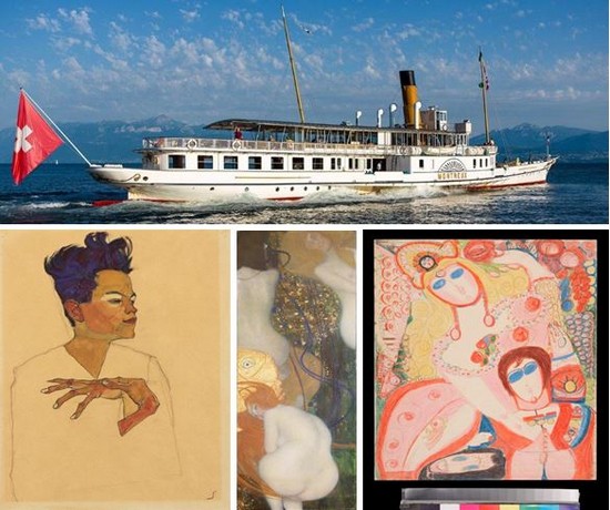 En haut : Riviera vaudoise, le Montreux, navire de la collection Belle Epoque. ©CGN .; en bas de gauche à droite : Musée MCBA Lausanne .©Kunsthau Zug Schiele autoportrait, Musée MCBA Lausanne© SIK-ISEA Klimt poissons rouges, Art brut, Atalante lance des pommes d'or de Eloise. ©Conne