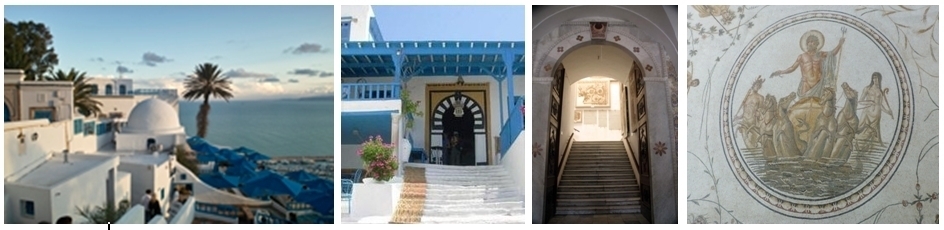 Vue sur Sidi Bou Saïd, Entrée Café des nattes, Porte sur le musée du Bardo, Mosaïque du triomphe de Neptune. Vue sur Sidi Bou Saïd, Entrée Café des nattes, Porte sur le musée du Bardo, Mosaïque du triomphe de Neptune.