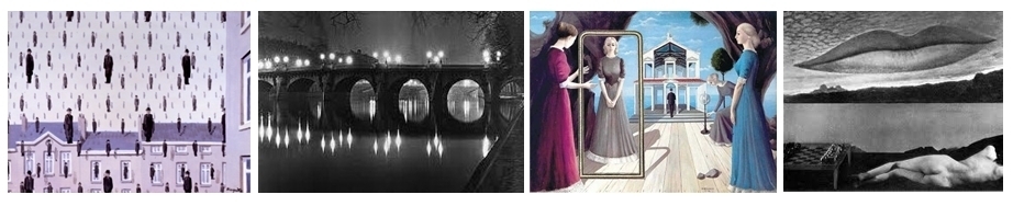 Magritte  - Golconde 1953 - (1898-1967)/ 2 - Brassaï  - Le Pont Neuf (1899-1984) 3 - Paul Delvaux - Les Vestales (1897-1994) 4 - Photo surréaliste  de Man Ray (1890-1976)