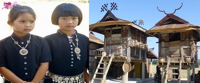 Jeunes Thaï noirs du nom de la couleur de leurs vêtements et Les maisons traditionnelles en bois de teck sur pilotis du musée des Tai Dam @ C.Gary Jeunes Thaï noirs du nom de la couleur de leurs vêtements et Les maisons traditionnelles en bois de teck sur pilotis du musée des Tai Dam @ C.Gary