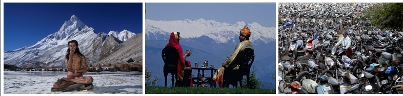 Un sage en méditation près de l'himalaya/ 2/ Tradition du thé dans une famille noble face aux montagnes de l'Himalaya/3/ Un champ de motos en plein centre ville de Delhi (photos Jean-Baptiste Rabouan)