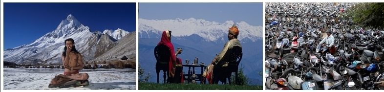 Un sage en méditation près de l'himalaya/ 2/ Tradition du thé dans une famille noble face aux montagnes de l'Himalaya/3/ Un champ de motos en plein centre ville de Delhi (photos Jean-Baptiste Rabouan) Un sage en méditation près de l'himalaya/ 2/ Tradition du thé dans une famille noble face aux montagnes de l'Himalaya/3/ Un champ de motos en plein centre ville de Delhi (photos Jean-Baptiste Rabouan)