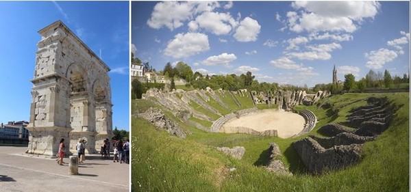 De gauche à droite : Saintes  l'Arc de Germanicus © Saintes Tourisme MP Guilhot ; Saintes Amphitheatre gallo-romain  © Studio Gaïa