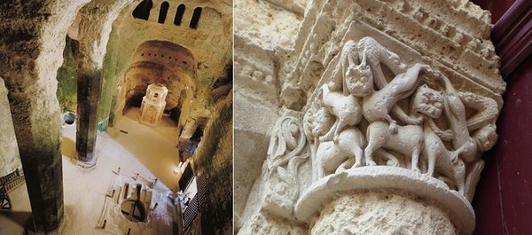 De gauche à droite : Aubeterre Eglise souterraine Saint Jean(crédit Mairie d'Aubeterre-sur-Dronne) ; Aubeterrre. L'un des châpitaux de la collégiale Saint Jacques. @ C.Gary