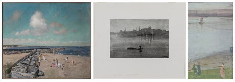 De gauche à droite : William Merritt Chase (1849-1916) Matin sur la digue, Shinnecock, vers 1897 Huile sur toile, 101,6 x 127 cm Chicago, Terra Foundation for American Art, Collection Daniel J. Terra, 1999.30  © Terra Foundation for American Art, Chicago  ;  James Abbott McNeill Whistler (1834-1903) Nocturne (The River at Battersea), 1878 Lithographie sur papier bleu-gris contrecollé sur papier ivoire,  17,1 x 26 cm Chicago, Terra Foundation for American Art, ;  James Abbott McNeill Whistler (1834-1903) Variations en violet et vert, 1871 Huile sur toile, 61,5 x 35,5 cm Paris, musée d'Orsay, acquis avec le concours du Fonds National du Patrimoine et la participation de Philippe Meyer, 1995, RF 1995-5 © RMN-Grand Palais (musée d'Orsay) / Patrice Schmidt. De gauche à droite : William Merritt Chase (1849-1916) Matin sur la digue, Shinnecock, vers 1897 Huile sur toile, 101,6 x 127 cm Chicago, Terra Foundation for American Art, Collection Daniel J. Terra, 1999.30  © Terra Foundation for American Art, Chicago  ;  James Abbott McNeill Whistler (1834-1903) Nocturne (The River at Battersea), 1878 Lithographie sur papier bleu-gris contrecollé sur papier ivoire,  17,1 x 26 cm Chicago, Terra Foundation for American Art, ;  James Abbott McNeill Whistler (1834-1903) Variations en violet et vert, 1871 Huile sur toile, 61,5 x 35,5 cm Paris, musée d'Orsay, acquis avec le concours du Fonds National du Patrimoine et la participation de Philippe Meyer, 1995, RF 1995-5 © RMN-Grand Palais (musée d'Orsay) / Patrice Schmidt.