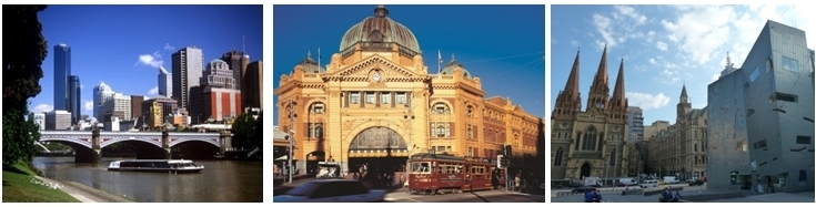 vue sur la ville de Melbourne et la rivière Yarra (photo Sylvain Grandadam) Gare victorienne de Flinder Street, Cathédrale néo-gothique Saint-Paul face à la NGV (Photos Catherine Gary)