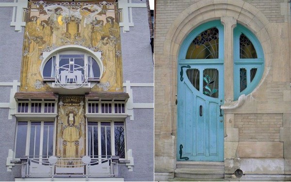 De gauche à droite - : Façade de la maison de l’architecte Paul Cauchie, rue des Francs. Intéressante pour ses sgraffites. et : Maison rue du Lac. Architecte Ernest Delune. Le motif géométrique se décline en pleine lune, demi-lune et quart de lune. @ A.Degon