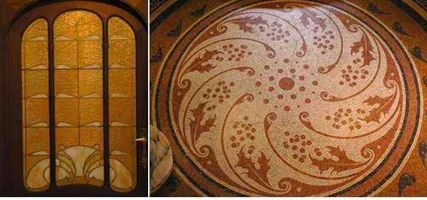 De gauche à droite - .Art Déco à l'Hôtel Hannon - Hôtel Hannon, rue de la Jonction. Architecte Jules Brunfaut.. Photo de droite - mosaïque du sol de l’escalier. @ A.Degon De gauche à droite - .Art Déco à l'Hôtel Hannon - Hôtel Hannon, rue de la Jonction. Architecte Jules Brunfaut.. Photo de droite - mosaïque du sol de l’escalier. @ A.Degon
